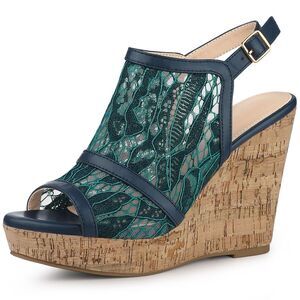 Open Toe Platform Heel Lace Wedges Sandals Blue Green